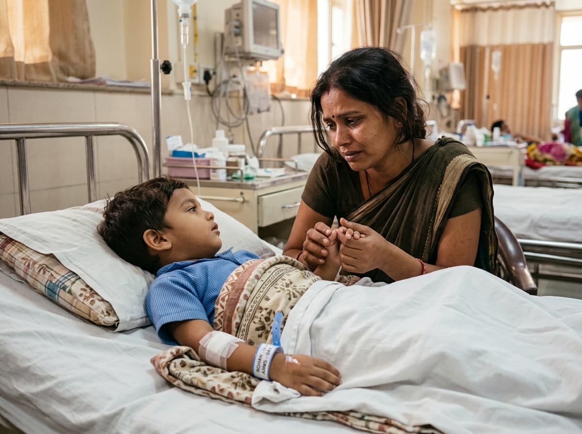 Mother Holding Aarav's Hand in Hospital Bed